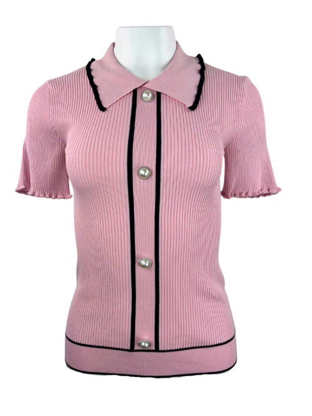 River Island Pink Ribbed Button-Front Knit Top with Black Trim
